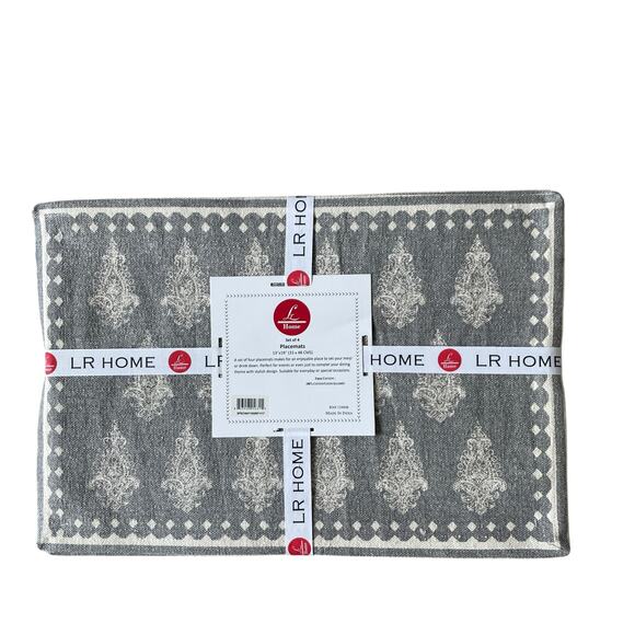LR HOME Damask Print Placemats 13x19 Cotton Gray & Cream Set of 4 NEW - Picture 7 of 10